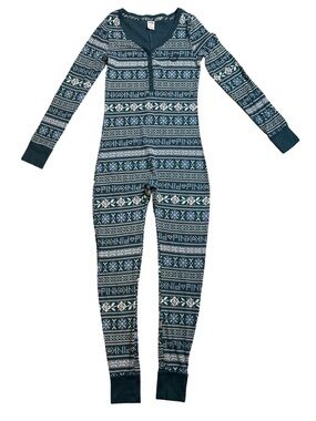 Victoria’s Secret PINK Dark Green Fair Isle Thermal Henley One Piece Pajama SM